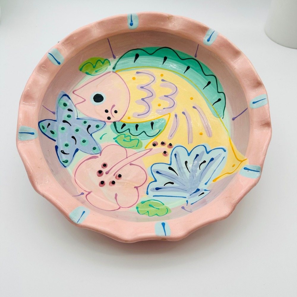Vintage Susan Painter Signed Hand Painted Ceramic Tropical Fish Ruffled Bowl